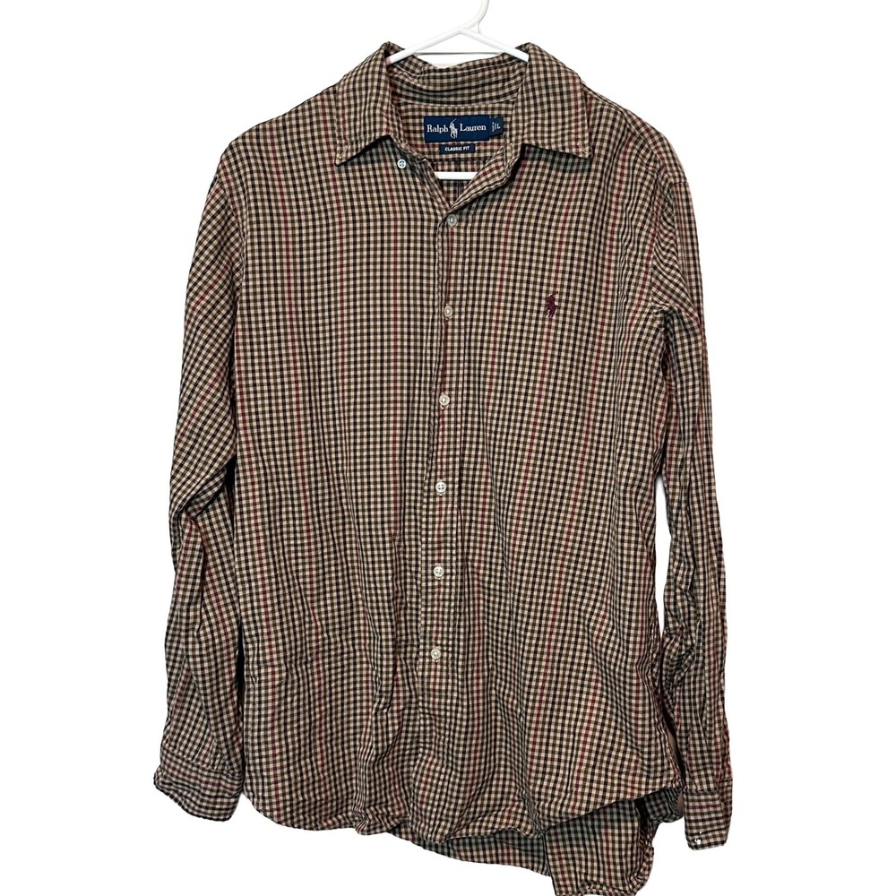 Ralph Lauren Men Large Classic Fit Brown Tan Check Long Sleeve Button Down Shirt